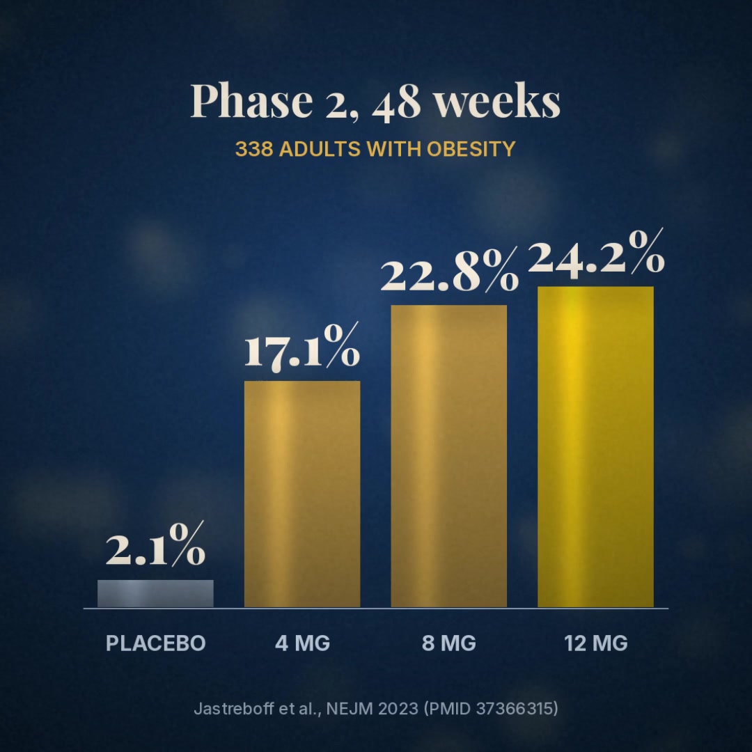 Explainer: phase 2, 48 weeks, about 24% weight loss on 12 mg vs about 2% on placebo